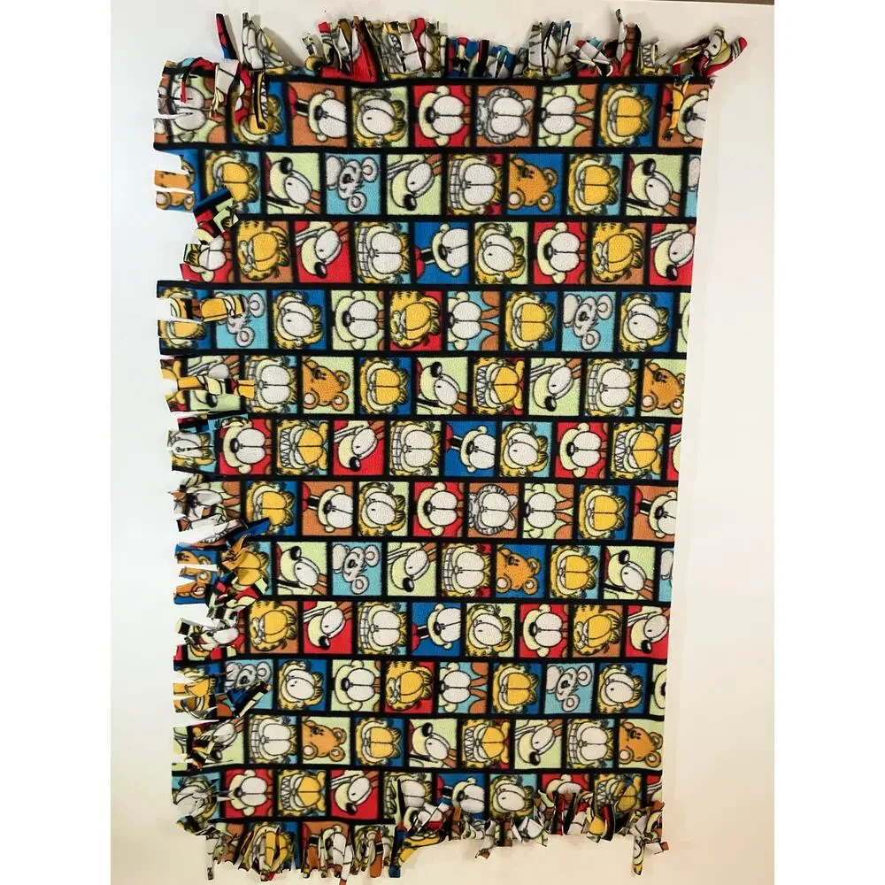 Garfield Odie Fleece Throw Blanket Multicolor Comic Character Grid Fringe 52x60